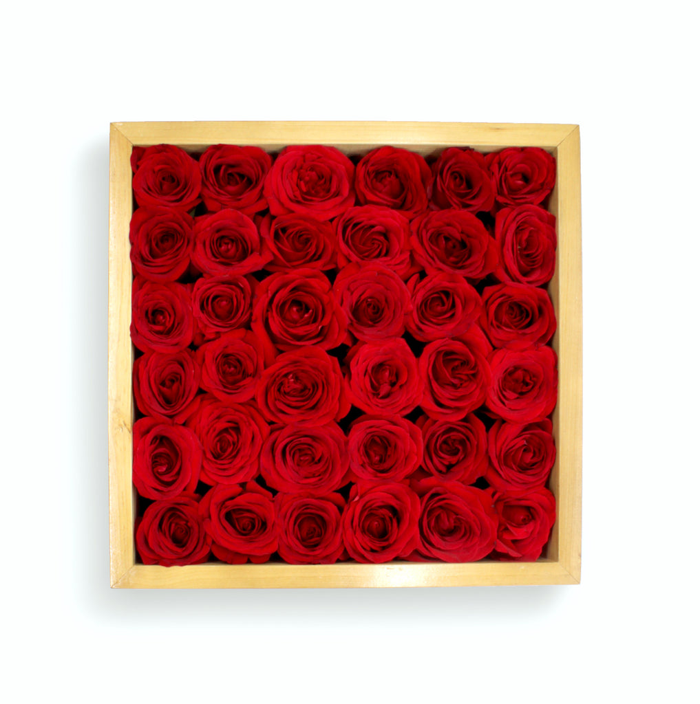 Pétalos de rosas rojas frescas en cajas de madera. Flores